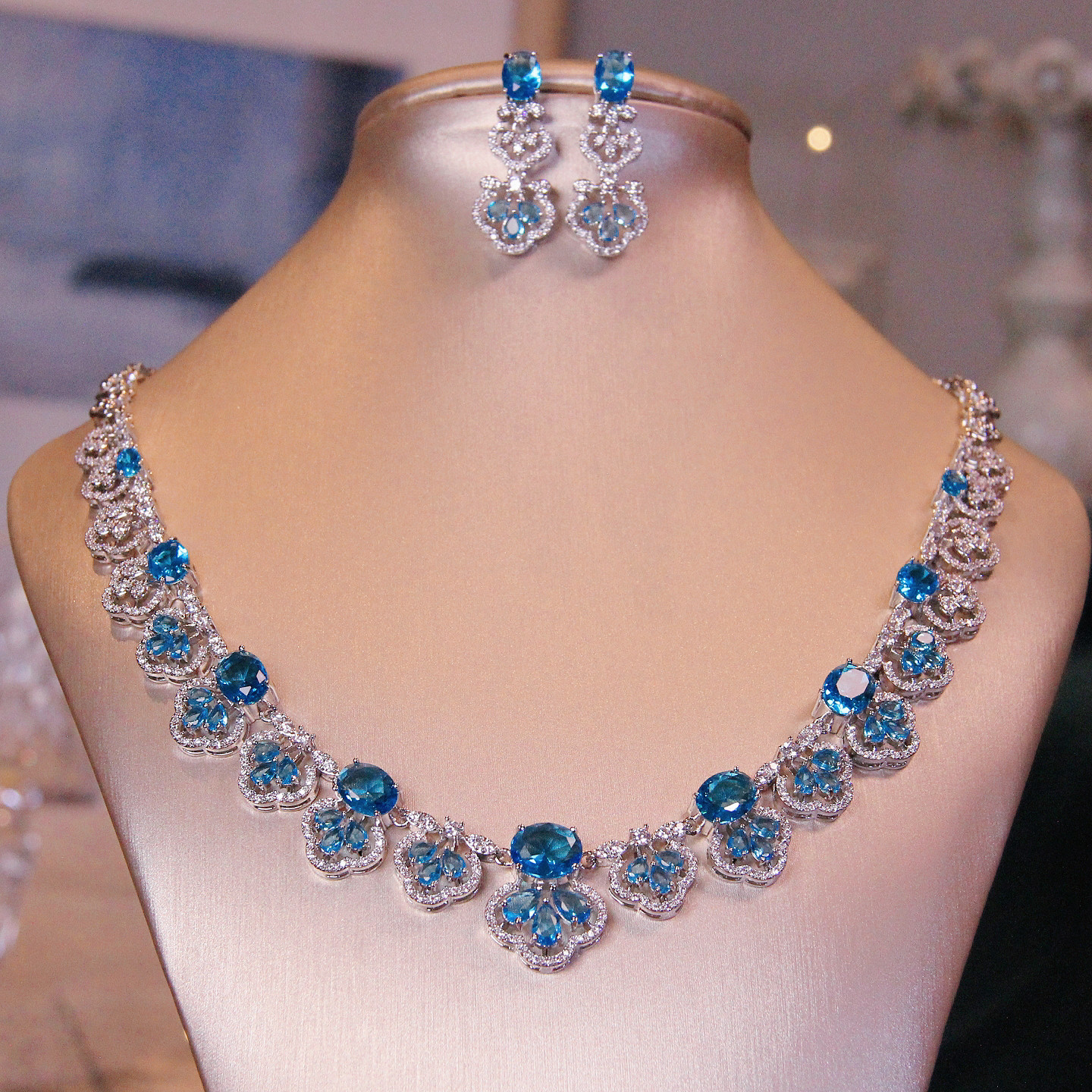 华丽蓝色镶钻花朵项链耳环套装重工宴会高端配饰超闪婚纱礼服项链