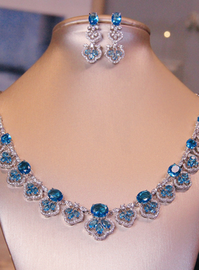 华丽蓝色镶钻花朵项链耳环套装重工宴会高端配饰超闪婚纱礼服项链