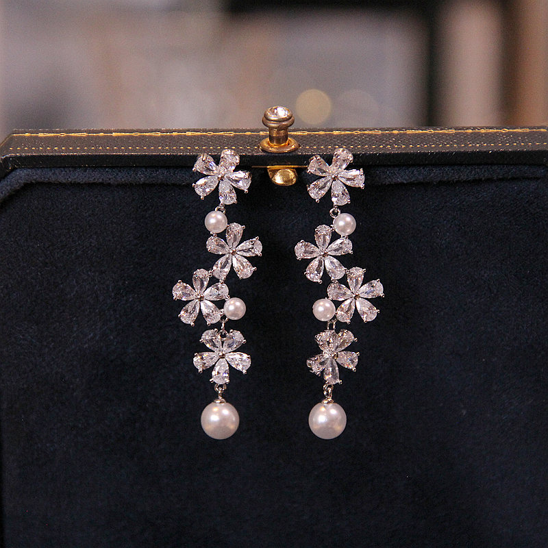 BWBRIDE超仙花朵锆石珍珠耳环