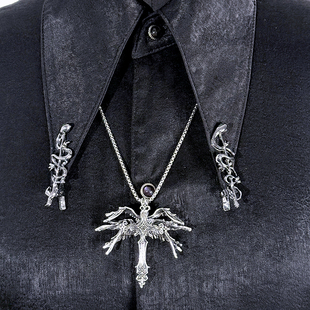暗黑六翼堕落天使复古金属十字架小众朋克吊坠饰品项链男女毛衣链