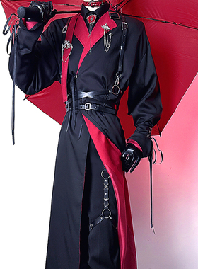 红色夜巡者无性别长款风衣外套暗黑哥特绑带成男乙游私设cos披风