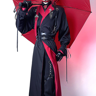 红色夜巡者无性别长款风衣外套暗黑哥特绑带成男乙游私设cos披风