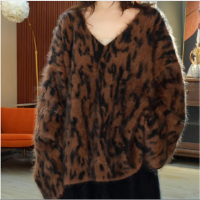 慵懒风豹纹V领毛衣女90106