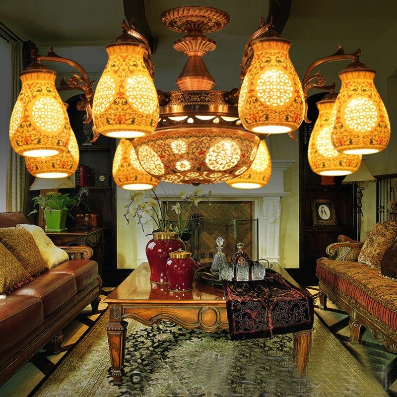 新中式东南亚藏式古铜五彩陶瓷客厅餐厅卧室书房吊灯酒店民宿中餐