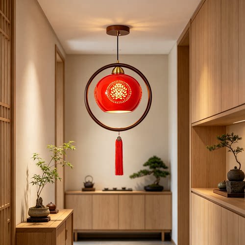 实木景德镇陶瓷可调节吊灯