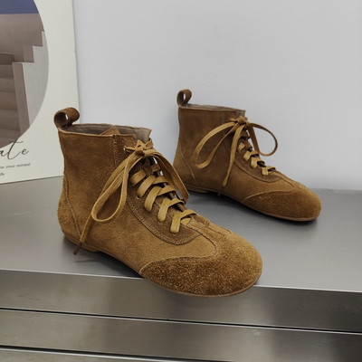 磨砂牛皮短靴女2025秋季新款圆头平底系带德训靴舒适软底马丁靴女