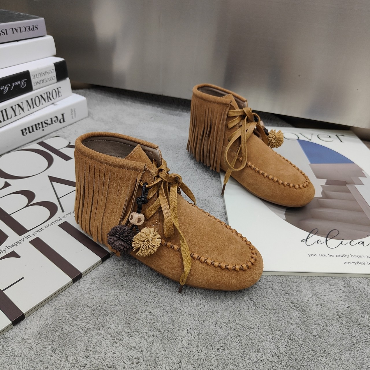 2025秋冬新款流苏短靴女平底圆头复古手工缝制磨砂牛皮西部靴潮,女鞋,西部靴,淘宝优惠券,粉丝福利购,淘宝优惠卷