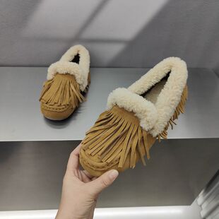 流苏毛毛鞋软底豆豆鞋女2025冬季新款加绒一脚蹬羊毛口磨砂皮女鞋