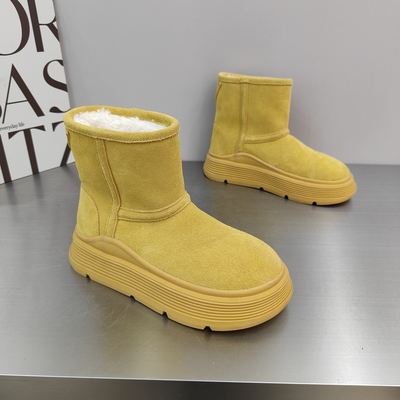 真皮厚底大棉套筒短靴女2025冬季新款翻毛皮圆头东北百搭雪地靴潮