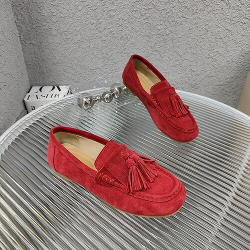 真皮流苏乐福女鞋2026春夏新款平底圆头磨砂皮彩色软底豆豆鞋单鞋