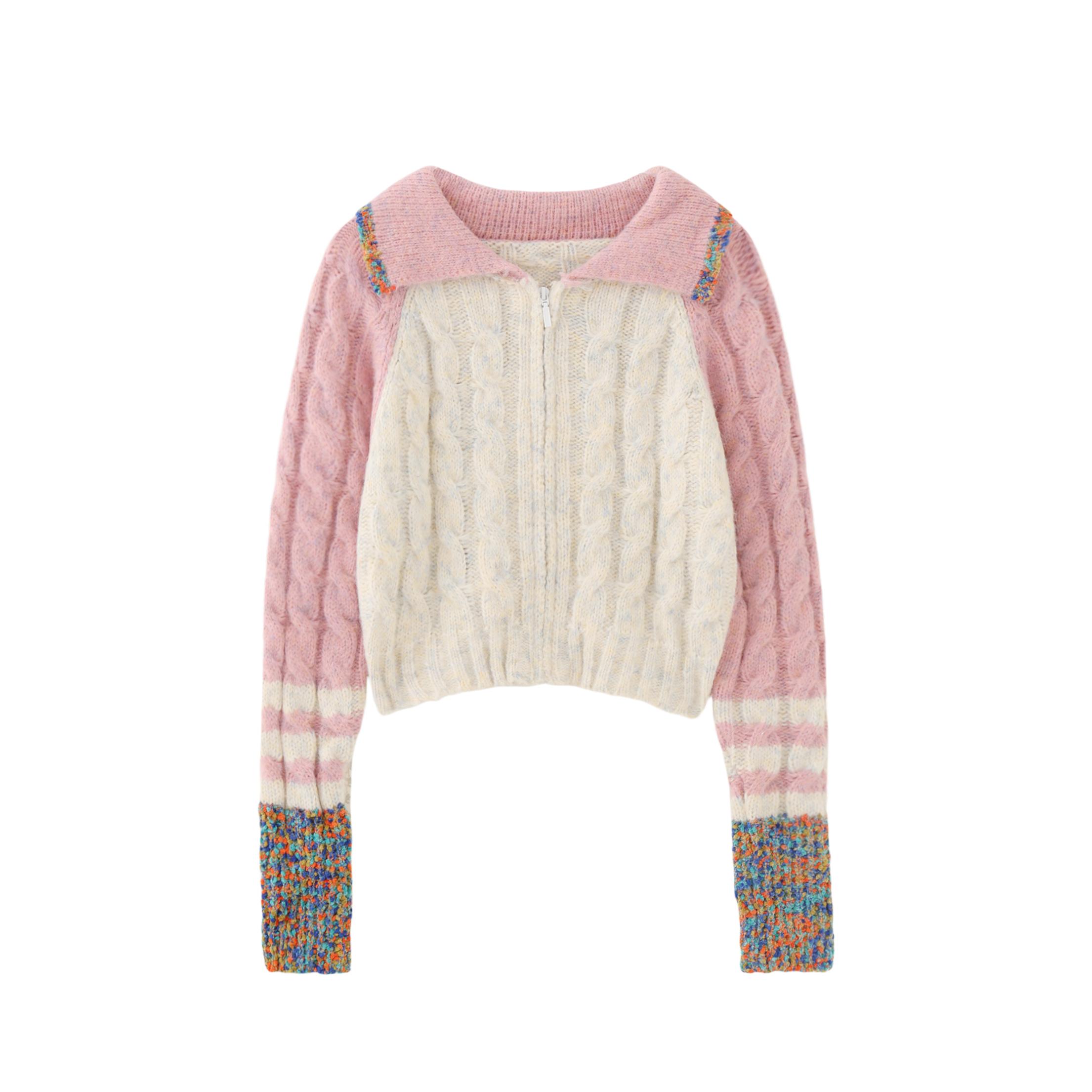 MMC甜美法式复古拼接撞色麻花针织衫毛衣外套上衣小众设计感2025