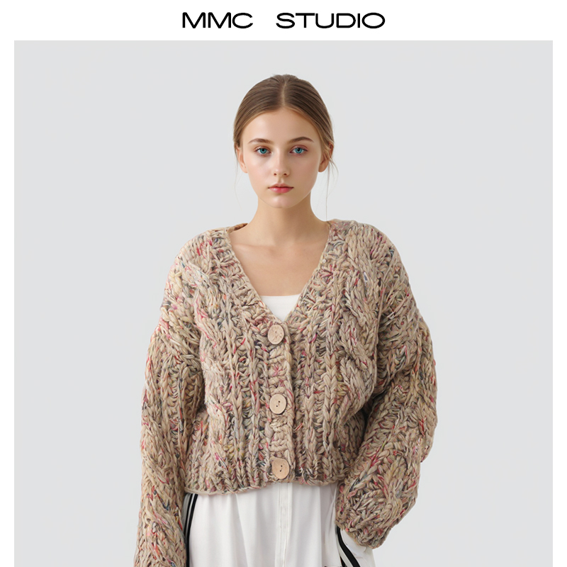MMC宽松慵懒风重工手工粗棒针麻花V领针织开衫外套毛衣上衣小众女