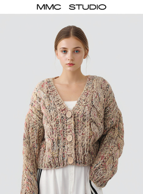 MMC宽松慵懒风重工手工粗棒针麻花V领针织开衫外套毛衣上衣小众女