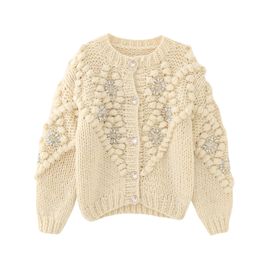 MMC重工手工编织粗棒针圆领钻饰立体球球针织开衫外套毛衣加厚女