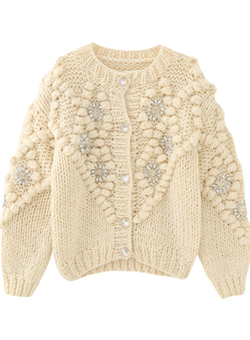 MMC重工手工编织粗棒针圆领钻饰立体球球针织开衫外套毛衣加厚女