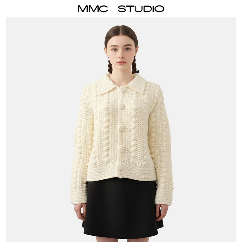 MMC欧货法式复古手工钩织球球镂空翻领针织开衫外套毛衣上衣小众