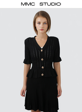 MMC 法式轻奢风经典气质镂空黑色金扣针织短袖连衣裙小众设计感女