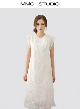 MMC 高级感温柔风新中式刺绣白色小飞袖连衣裙中长裙2025夏季新款