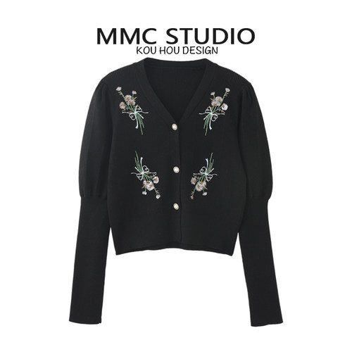 蔻后针织单排扣刺绣亮片花朵开衫