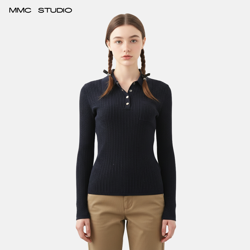 MMC欧货法式重工简约气质修身显瘦翻领POLO领针织衫毛衣外套上衣