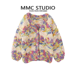 外套毛衣小众设计 重工手工粗针棒针彩色加厚V领针织开衫 MMC 法式
