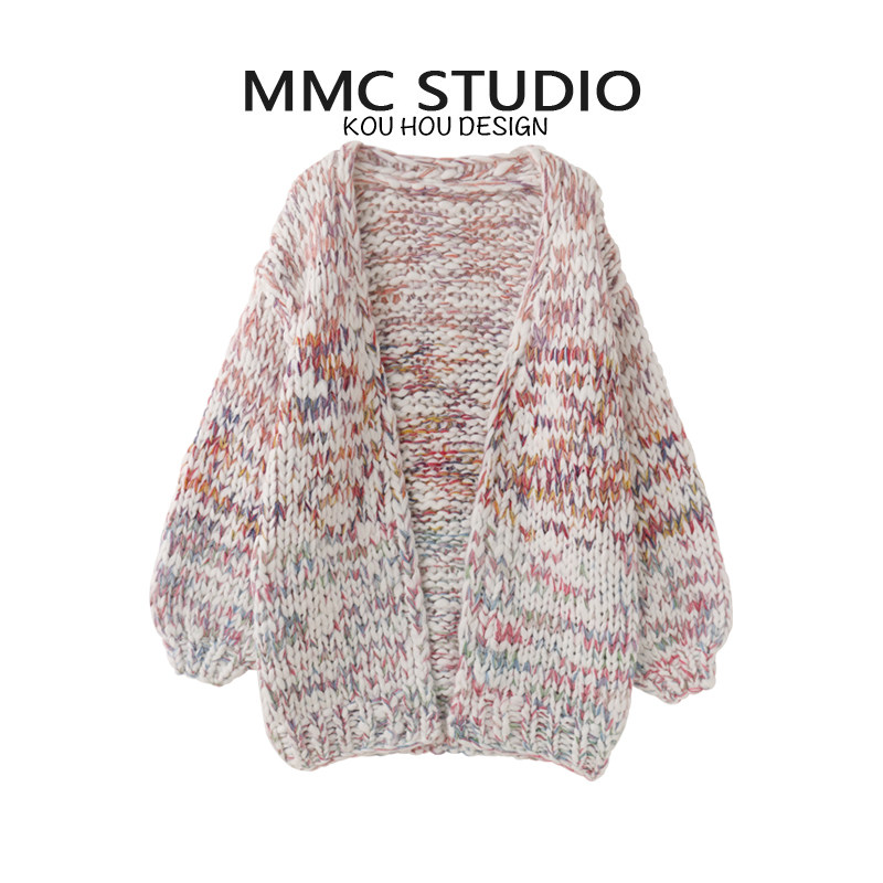 MMC 重工宽松慵懒风七彩手工粗线棒针手勾长款针织开衫外套毛衣女