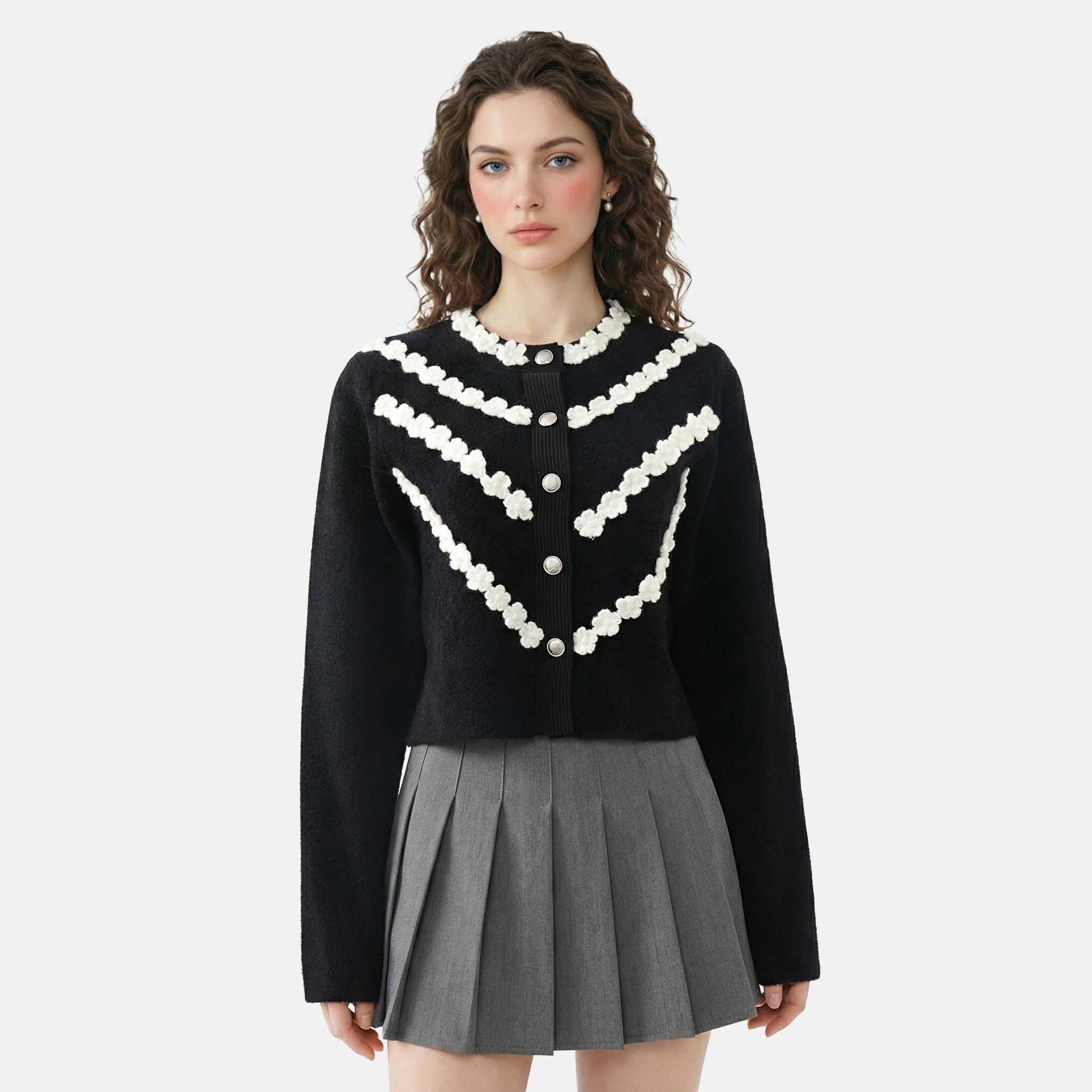 MMC法式赫本风小香风立体花朵针织开衫外套毛衣上衣短款小众设计