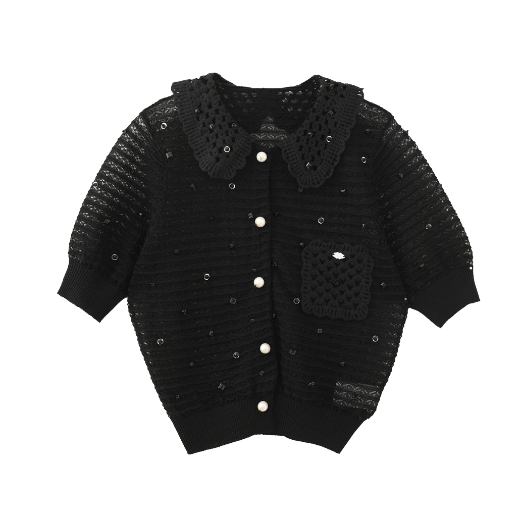 MMC欧货法式小香风轻奢感亮片钩织镂空针织开衫短袖T恤上衣小众女