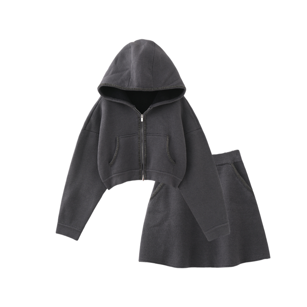 MMC欧货法式宽松休闲加绒拉链连帽针织开衫半身裙两件套装轻奢女