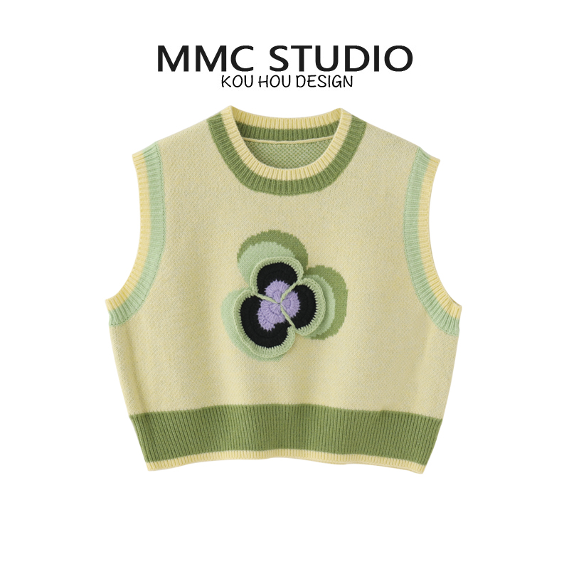 蔻后针织圆领套头提花马甲毛衣