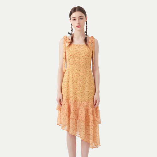 MMC法式复古小碎花吊带连衣裙仙女层叠不规则蛋糕裙奶油橘系带度