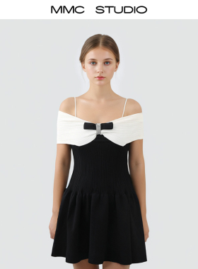 MMCS家法式潮奢气质名媛蝴蝶结一字领拼色撞色针织连衣裙短裙显瘦