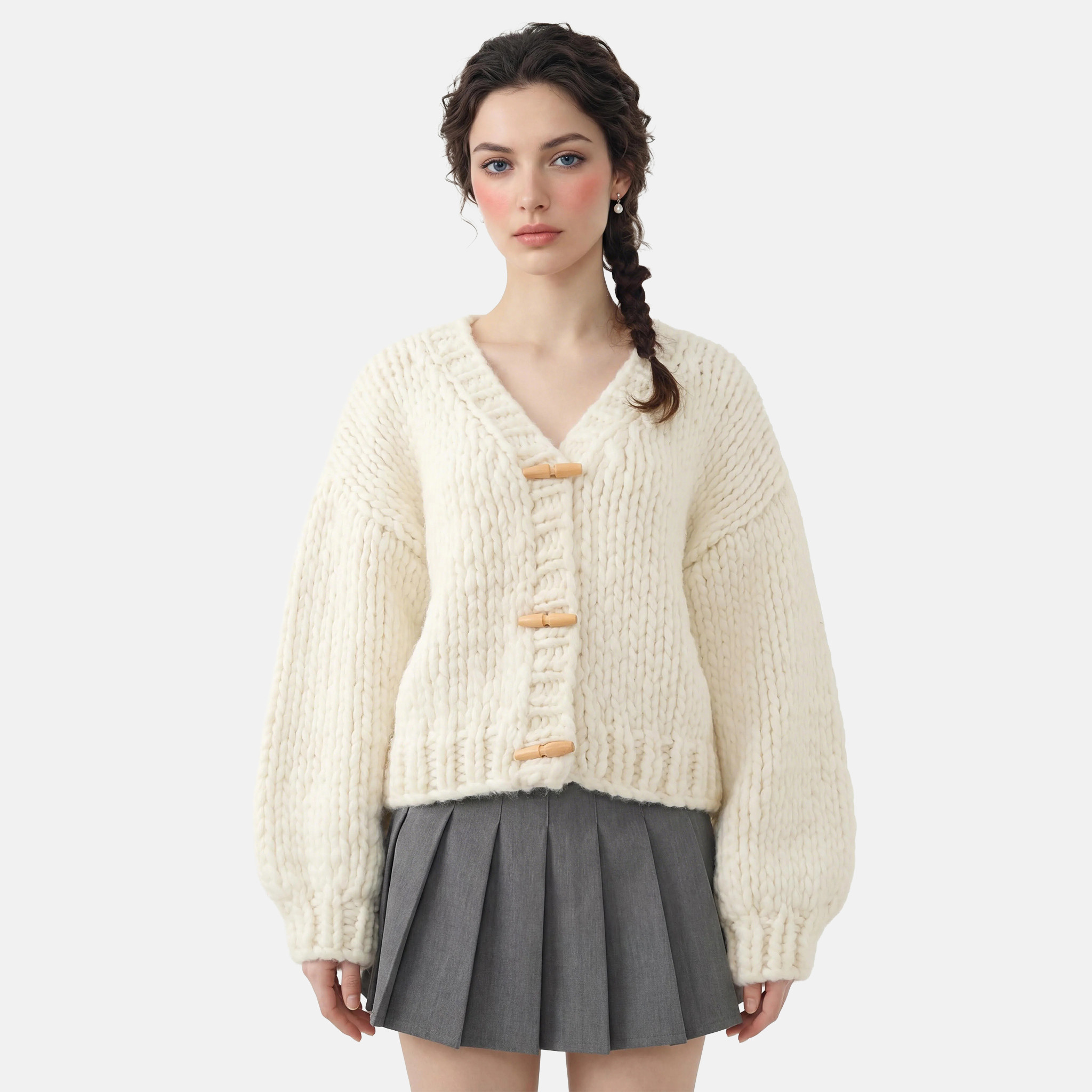 MMC粗棒针手工编织重工宽松慵懒风V领牛角扣针织开衫外套毛衣上衣