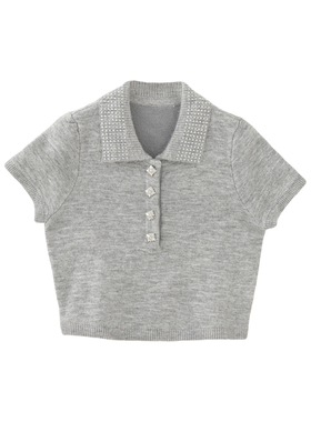 MMC法式小香风重工满钻翻领灰色针织短袖上衣短款小众设计2025女