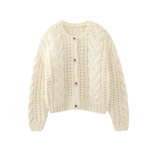 MMC欧货法式 外套毛衣上衣 复古重工手工粗针加厚圆领麻花针织开衫