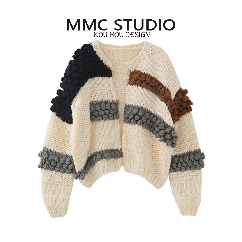 MMC 2025秋冬新款毛衣女名媛风气质撞色短款立体球球针织开衫外套