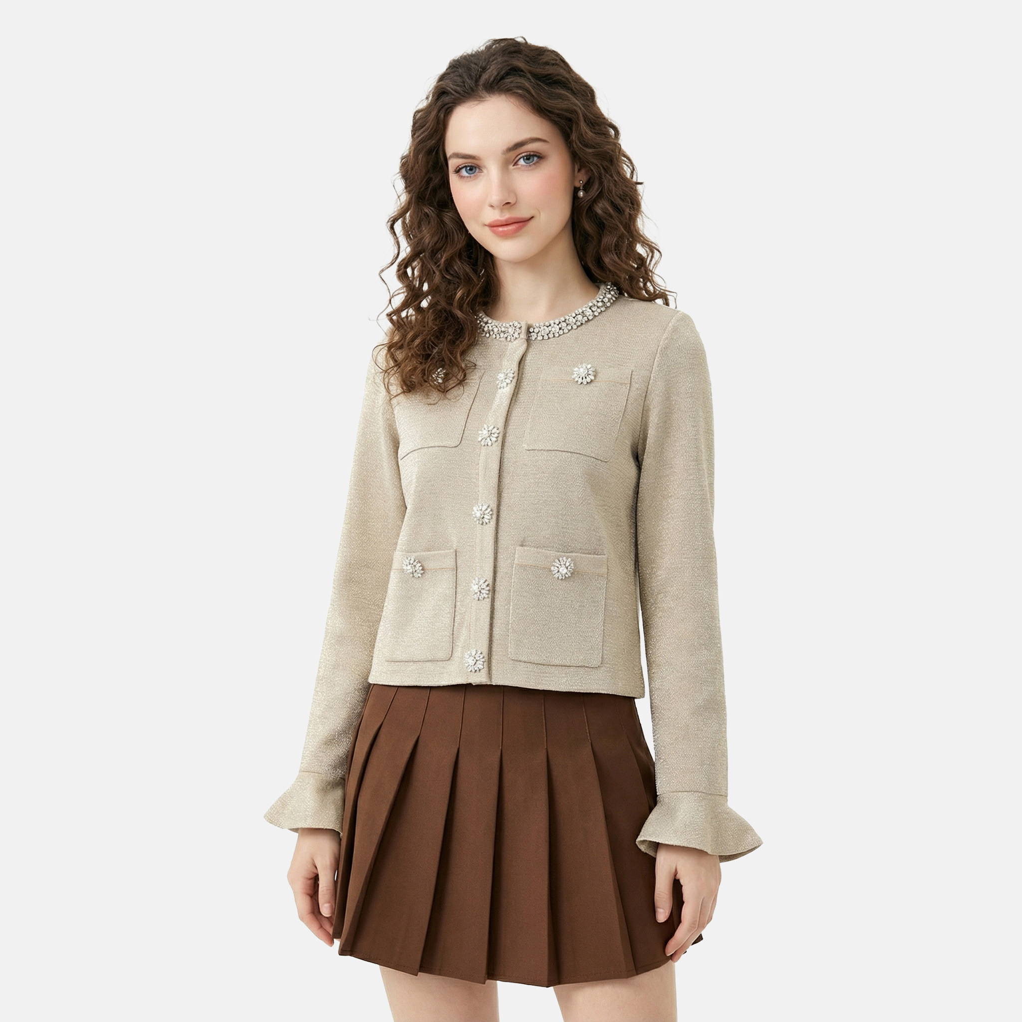 MMC法式重工钉珠水钻圆领名媛风小香名针织开衫外套毛衣喇叭袖女