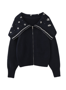 MMCM家2025秋冬新款女装复古法式海军领翻领拉链针织开衫外套毛衣