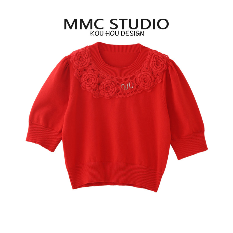 蔻后针织圆领立体花朵毛衣上衣