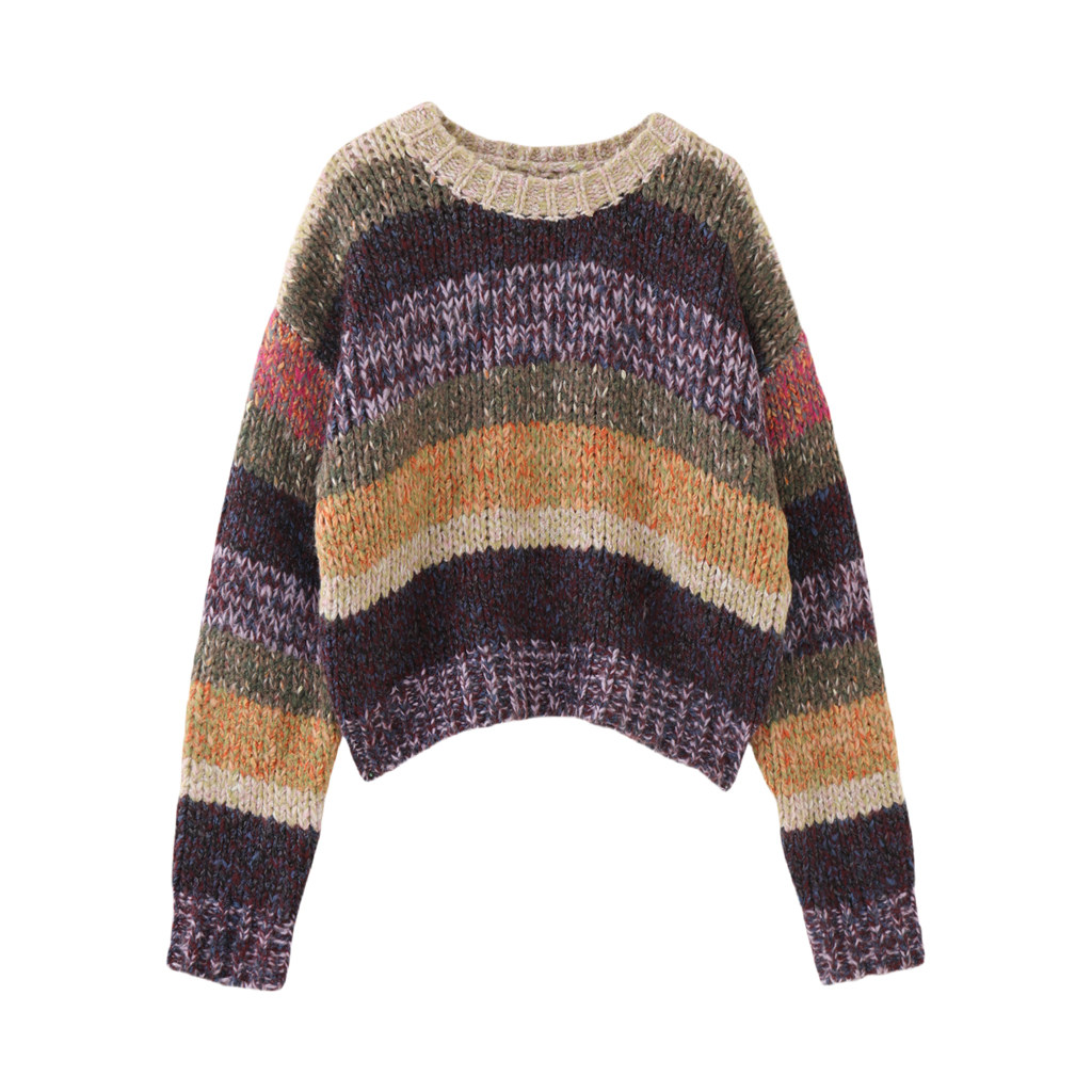 MMC 欧货重工复古手工编织粗针圆领拼色条纹套头针织衫毛衣外套女