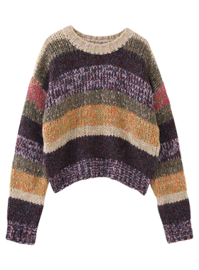 MMC 欧货重工复古手工编织粗针圆领拼色条纹套头针织衫毛衣外套女