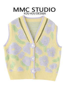 MMC欧货重工个性时尚洋气拼色钩花无袖针织开衫马甲背心毛衣上衣