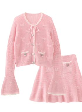 MMC欧货法式小香风喇叭袖蝴蝶结镂空针织衫半身裙两件套装甜美风