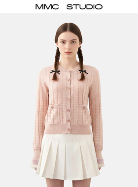 MMC欧货法式小香风名媛气质减龄条纹口袋针织开衫外套毛衣长袖女
