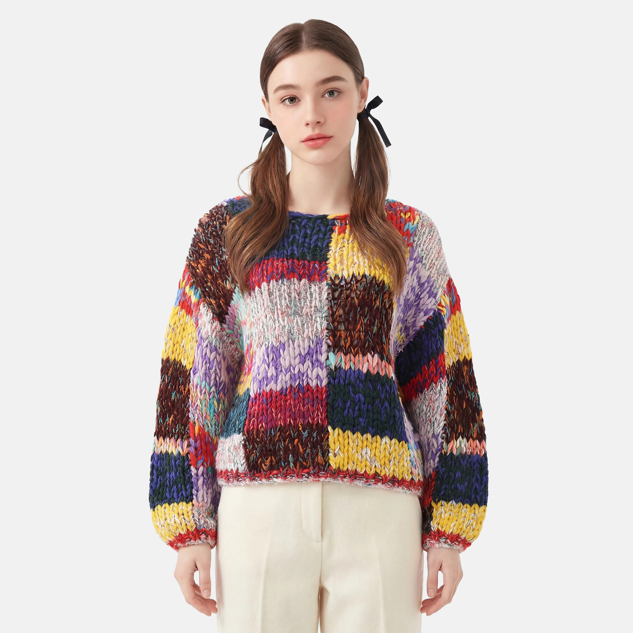 MMC森系软糯加厚宽松重工全手工编织拼色格子针织衫毛衣外套上衣