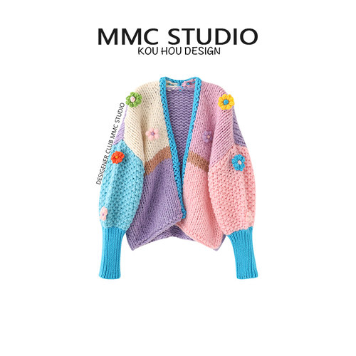 mmc重工钩花拼色棒针女马卡龙色