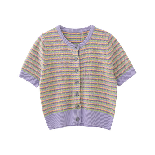 MMC 欧货法式小香风拼色圆领条纹针织短袖T恤上衣小开衫小众设计