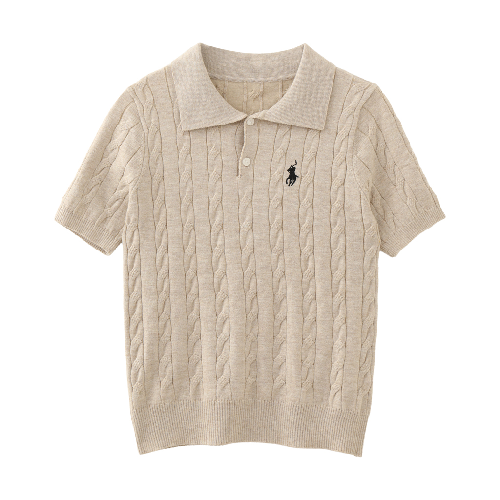 MMC通勤简约气质减龄刺绣POLO衫麻花翻领针织短袖T恤上衣甜美风女