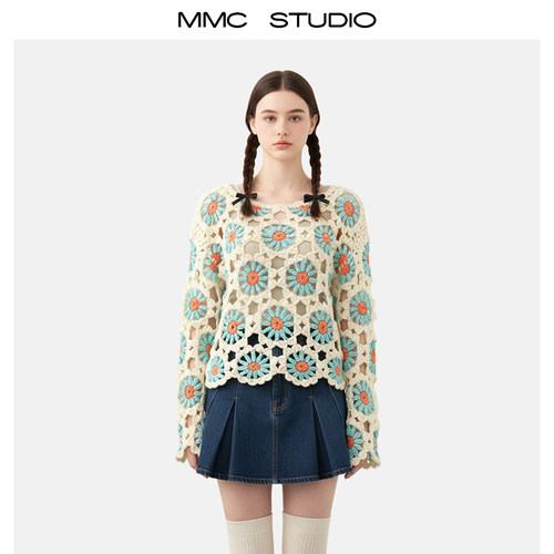MMC重工手工钩花镂空花朵长袖套头圆领针织衫毛衣外套上衣甜美风
