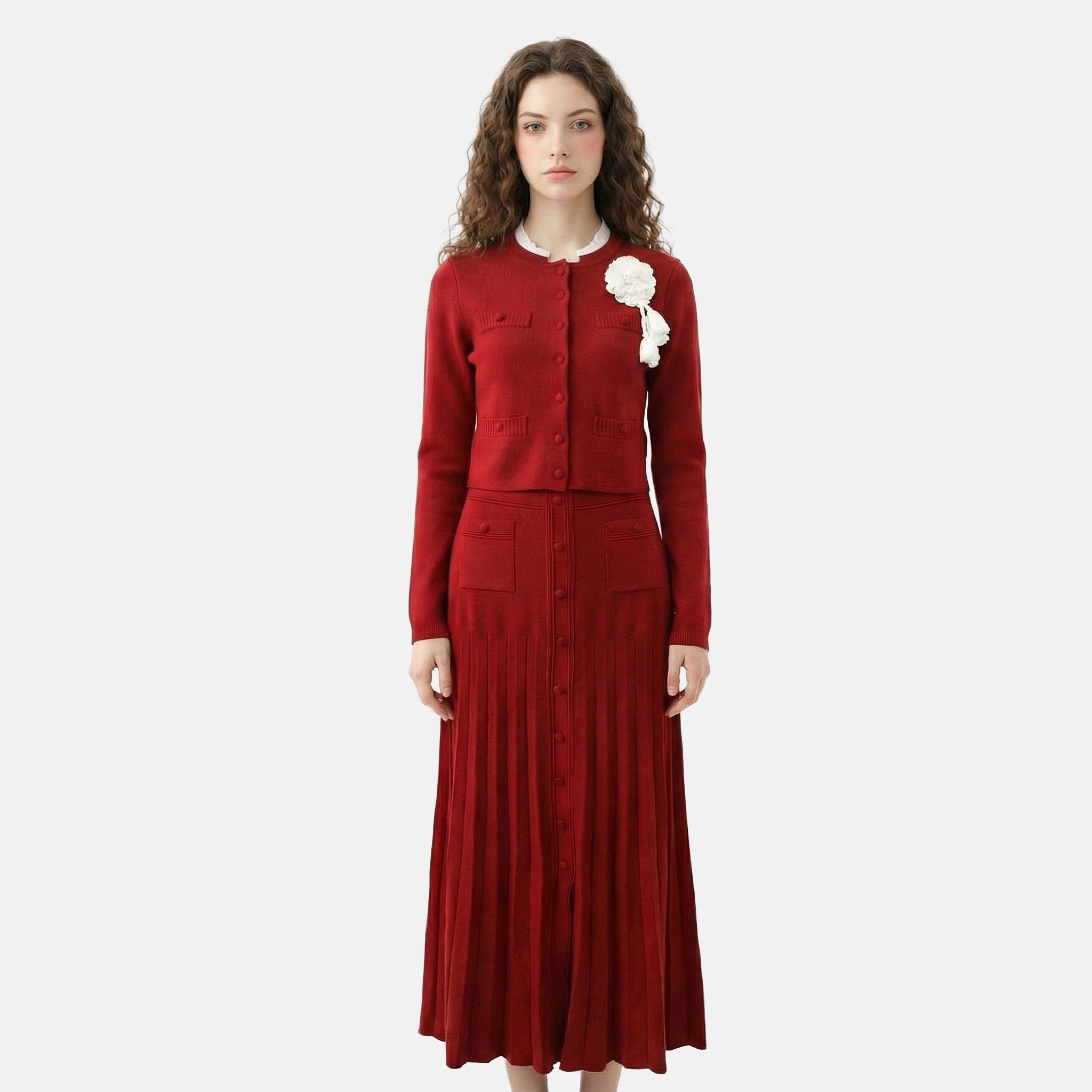 MMC法式小香风重工花朵甜美减龄撞色短款针织开衫百褶裙两件套装